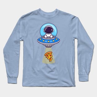 Cute Astronaut Catching Pizza With Ufo Cartoon Long Sleeve T-Shirt